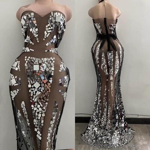 See-Through Mirror Dress For Women Cerebrity Party Long Dress Elastic Black Mesh Nightclub Rave Clothes Stage American clothing