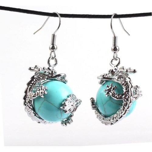 100-Unique 1 Pair Silver Plated Chinese Dragon Green Turquoises Stone Drop Earrings Elegant Womens Earring