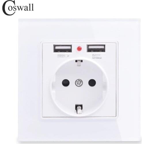 Coswall Glass Panel Dual USB Charge Port 2.1A 16A Russia Spain EU Standard Wall Socket Grounded White Black Gold Grey Gray