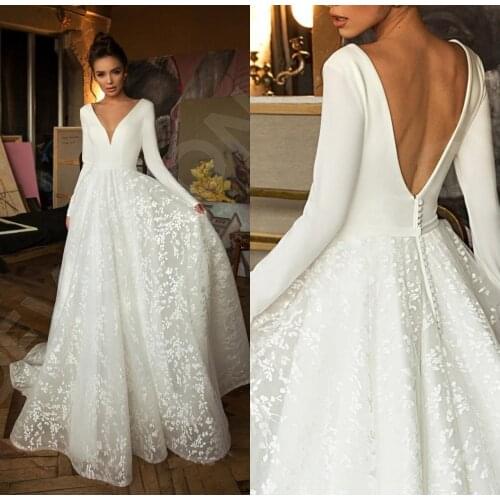 Wedding Dresses Boho Modern Long Sleeves Lace V Neck Backless Beach Bride Gowns Vestido De Novia Свадебное Платье Robe De Mariee
