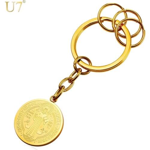 U7 Brand Keychain Catholicism Jewelry Saint Benedict Round Medal Key Holder Chains For Men Gold Color Stainless Steel K016