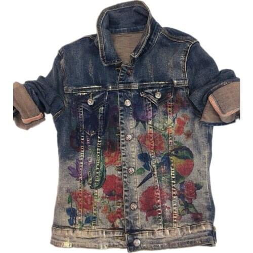 Plus size 2XL!Flowers Printed jeans Jacket Painting Fashion single breasted Women turn down collar slim denim coat