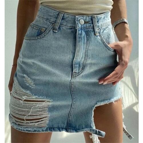 Women 2021 High Waist Tassel Bodycon Skirt Cool Girls Streetwear Fashion Bottoms Vintage Ripped Blue Denim Skirts for Women