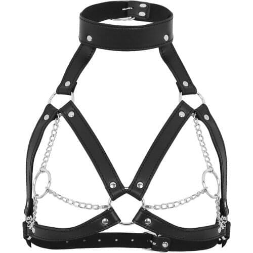 Women PU Leather Body Caged Harness Bralette Metal Chain Tassel Steampunk Gothic BDSM Bondage Belt Sexy Rave Costume Top
