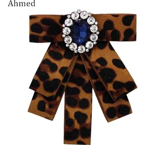 Ahmed Vintage Multilayer Leopard Print Cloth Bow tie Brooches for Women Fashion Retro big Crystal Accessories Corsage Jewelry