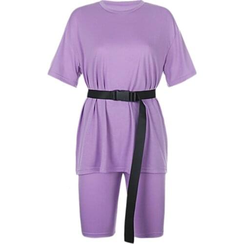 Women Summer Solid 2 Piece Outfit Sets Oversized Loose T-Shirt Tops Bodycon Biker Shorts Workout Sports Home Tracksuit with Wais