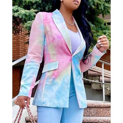 Women Tie Dye Print Single Button Pockets Design Blazer Coat