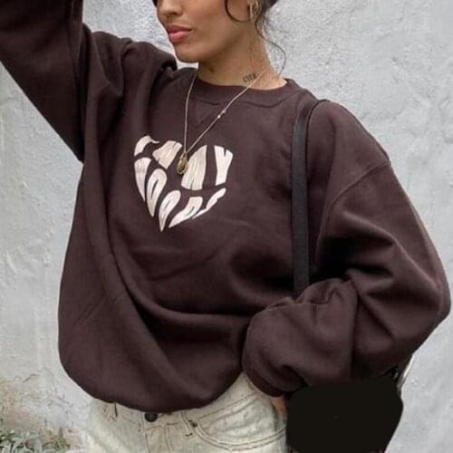 Letter Love Print Womens Sweatshirt Loose O-neck Casual Brown Female Pullover 2021 Autumn New Harajuku Fashion Top Woman