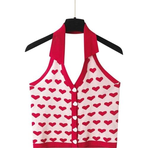 Knit Halter Top Women 2021 Summer European Americle Vintage Red Heart Turn Down Collar Sexy Backless Bodycon Crop Camisole T701