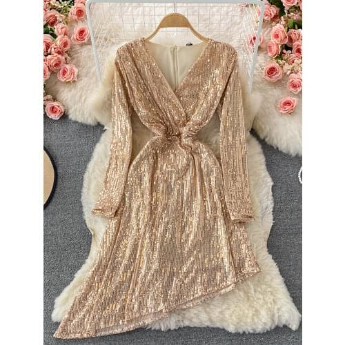 Sexy Irregular Sequins Party Dress Women Black/Khaki V-Neck Long Sleeve High Waist Luxury Vestidos Female Elegant Robe Autumn