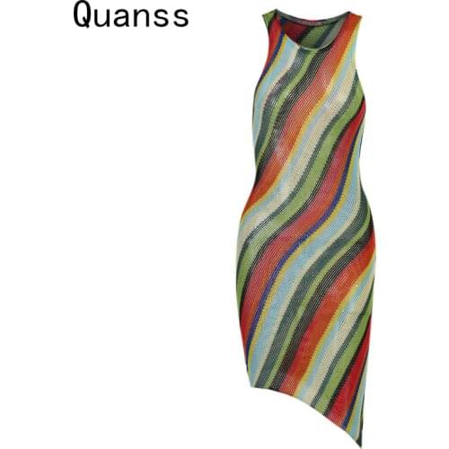 Quanss Womens Summer Fashion Rainbow Striped Knitted Dress 2021 New Streetwear Sleeveless Bodycon Sexy Short Dress WLY08