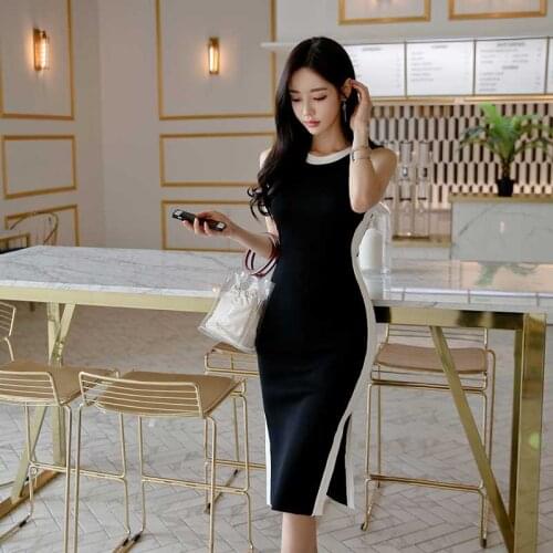 Black Knitting Womens Dress 2012 Summer Sleeveless Korean Fashion Slim Wrap Hip Elegant Split Pencil Dresses Femme Vestido
