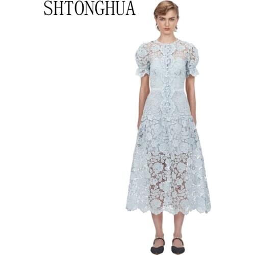 Vintage Blue Hollow Out Lace Puff Sleeve Women Dress 2020 Spring Summer Elegant Buttons A-line Midi Dress For Women