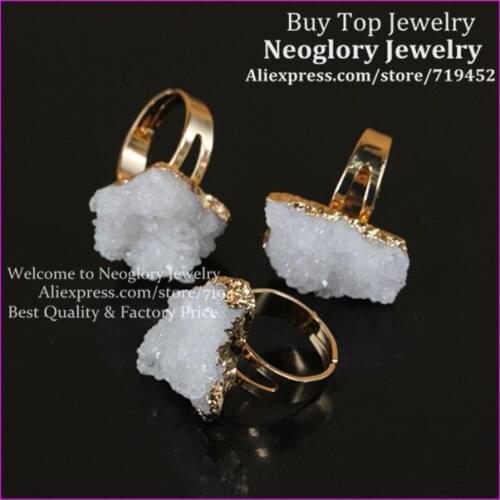5pcs Nature White Crystal Quartz Drusy Finger Ring Gems Druzy Ring, Freedom shape Gold Color Adjustable Ring Druzy Geode Ring
