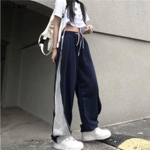 Korean Fashion Sports Casual Pants Women Spring Harajuku Zipper Straight Wide Leg Pant High Waist Plus Size Loose Trousers Women