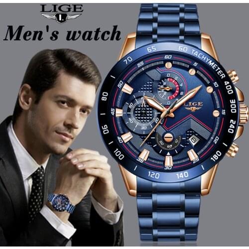 LIGE Classic Business Mens Watches Top Luxury Stainless Steel Dial Man Clock Waterproof Quartz Watch Men Sport Chronograph watch