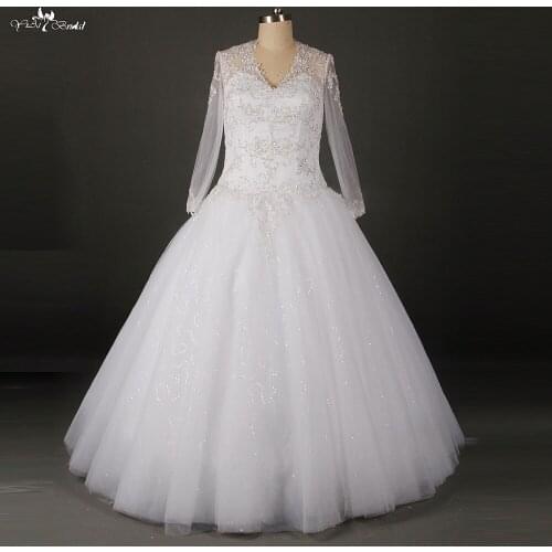 Cheap Wedding Dresses Made In China Bling Bridal Floor Length Long Sleeve Wedding Gown RSW806