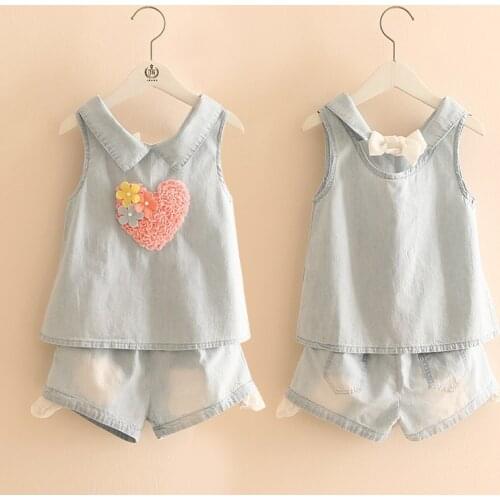 Baby Girls Lace Embroidered Vest + Shorts Kids Summer Thin Denim Clothes Set Childrens Tridimensional Love Pattern Twinset X436