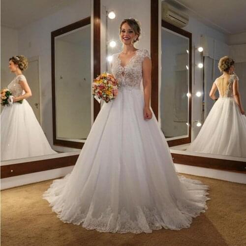 Elegant A-Line Wedding Dress Crystal Appliques свадебное платье V Neck Capsleeve Plus Size vestidos de novia Custom Bride