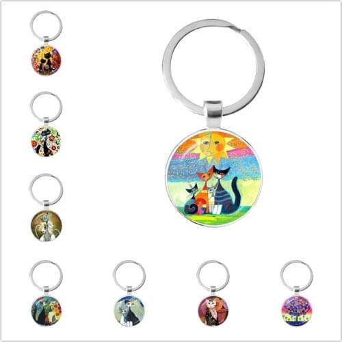 Colorful Family of Cats Girl Beauty Glass Dome Keychain Cats Cute Animal Car Key Chain Ring Jewelry Holder Charms Keychains