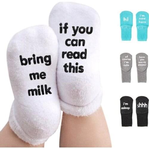 2 Pairs Newborn Baby Non-Skid Gripper Ankle Socks Cute Funny Sayings Letters Kids Infant Autumn Cotton Hosiery Shower Gifts