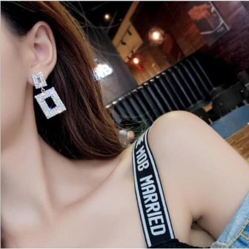 New Korean style hollow square crystal Hao stone female earrings personality retro geometric gold pendant earrings