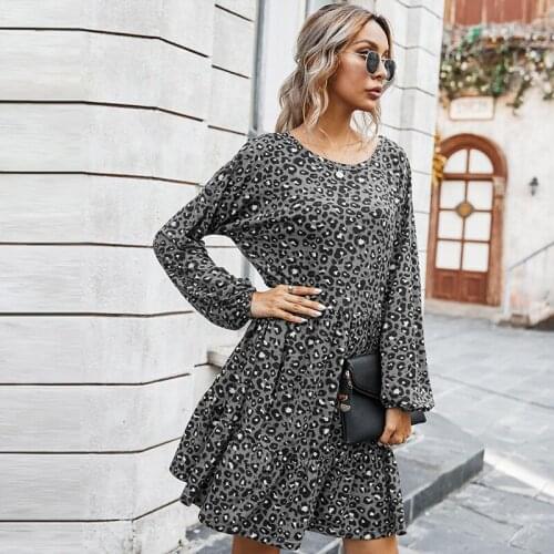 Autumn Spring Leopard Ladies Midi Dress Loose Basic Casual Female Dresses Long Sleeve O-Neck Women Outwear A-Line Midi Dresses