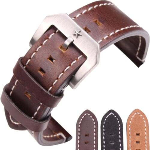 24mm Cowhide Watchband Men Vintage Genuine Leather Black Dark Brown Watch Band Strap Wiht Stainlee Steel Pentagram Clasp