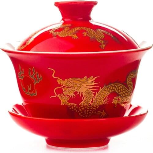 Hand Painted Red Dragon Gaiwan Tea Set Teaware,kung Fu Teacup Hand-painted Tea Bowl Tea Set Gai Wan Bowl Porcelain Cup