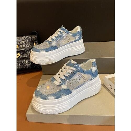 Blue Casual Sneakers Fashion Rhinestone Mesh Comfortable Lace-Up Womens Single Shoes Summer Hot Sale Thick-Soled College Style