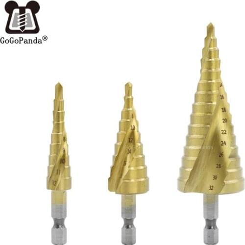 Free Shipping 3pcs/set Hex Shank Titanium Spiral Grooved Step Drill 4-32,4-20,4-12 Pagoda Step Drill