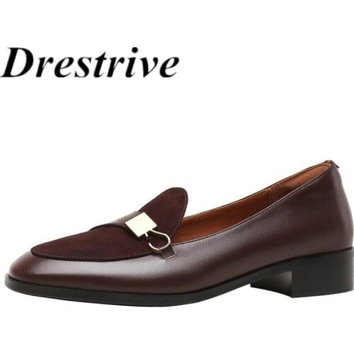 Drestrive Women Pumps Cow Leather Patchwork Round Toe Dark Brown Shallow Low Heels 2021 Autumn Casual Shoes Metal Knot