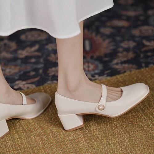 Women Mary Janes Shoes Square Toe Pumps Pearls Square Heels Boat Shoes Med Heeled Dress Shoes Zapatos Mujer Blue Black 9340L