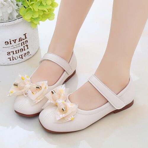 2021Spring New Girls Leather Shoes With Soft soles Bowknot Kids Flower Princess Single Shoes For Wedding Party Chaussure Fille