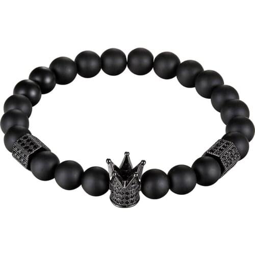 JAAFAR 2018 High quality black CZ zircon gold crown charm bracelet men matte matte stone beads bracelet Christmas ornaments