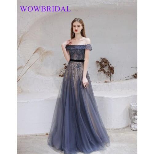 Wowbrial 2021 Elegant Beaded Floor Length Tulle Coral Lace Appliqued Dubai Evening Dresses with Long Sleeve