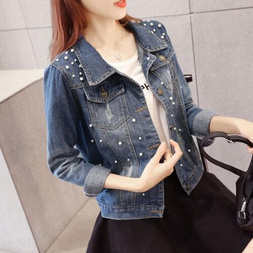 Plus Size 5XL Beaded Womens Jeans Jacket Vintage Loose Long Sleeve Short Outerwear Single Breasted Female Casual Denim Coats