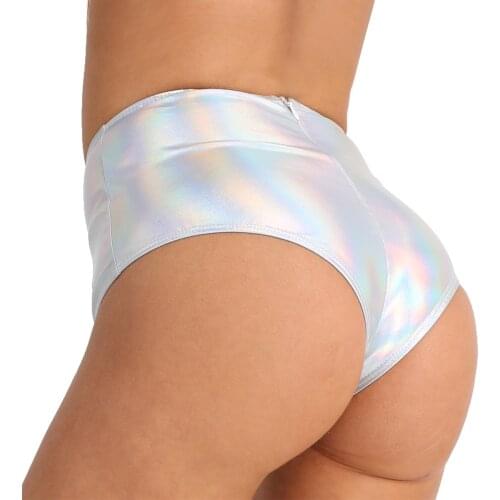 Women Hot Pants Shiny Metallic Booty Shorts Back Zipper High Waisted Brief Style Bottoms Dance Raves for Stage Performance Dance