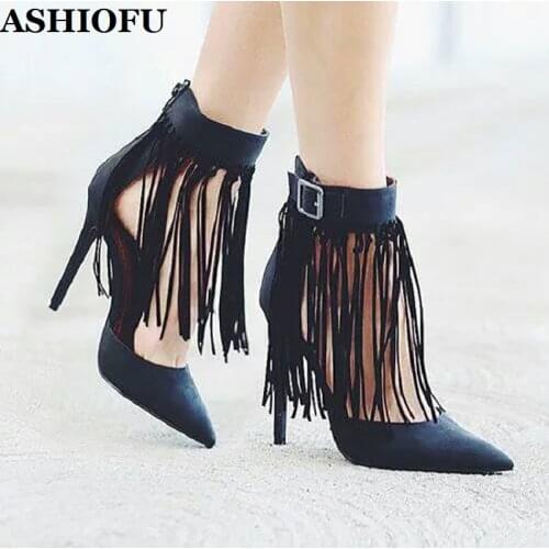 ASHIOFU Handmade Women High Heel Pumps Fringed Buckle Strap Party Dress Shoes Sexy Evening Club Dating Fashion Court Shoes