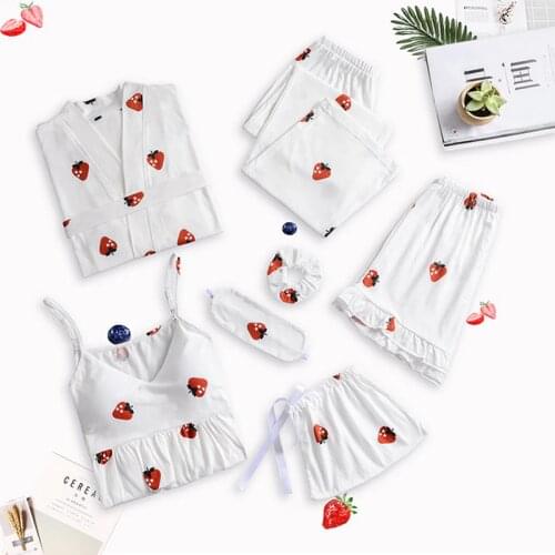 7-Pieces Robe For Women 100% Cotton Robe And Robe Set Strawberry Printing Bathrobe Ladies Casual Sleeprobe Plus Size Homewear
