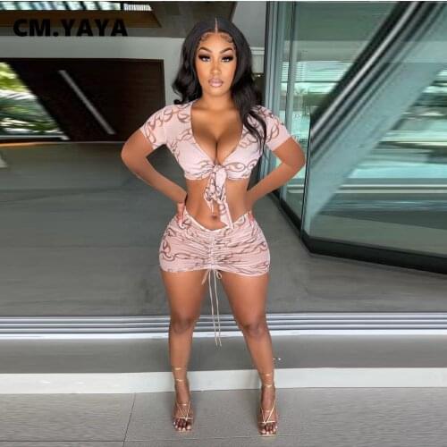 CM.YAYA Women Set Print Short Sleeve V-neck Crop Tops Shirring Mini Skirts Two 2 Piece Sets Sexy Night Outfits Summer Tracksuits