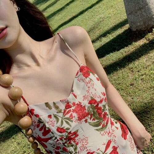 Summer Split Design Vacation Mid-Length Sling Dress Women Korean Style Retro All-Match Floral Pattern Printed Skirt