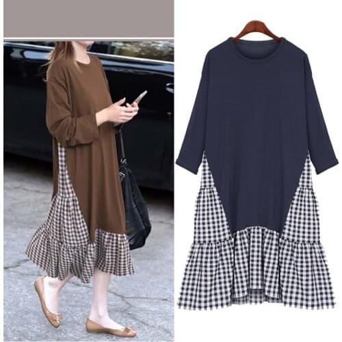 Large Size 5XL New 2020 Autumn Winter Loose Women Dress Long Sleeve Fashion Plaid Patchwork Fake Two Piece Dress Vestidos
