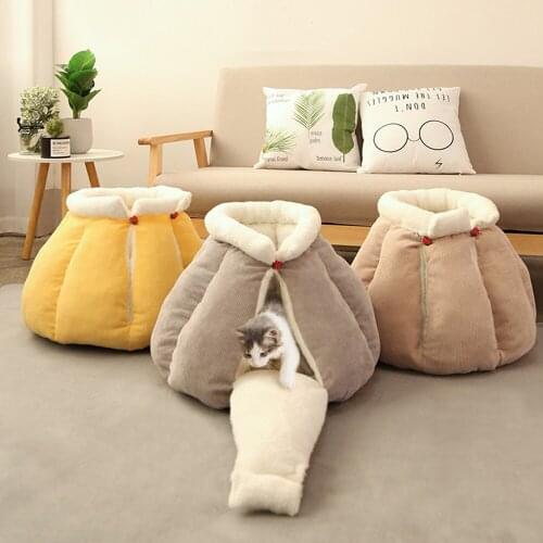 Winter Warm Cat House Corduroy Pet Tent Semi Closed Windproof Cave Pet Bed Thicken Cushion Dog Nest Bed Cartoon Pumpkin Shape