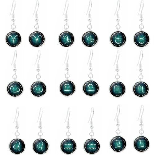 12 Constellations Zodiac Symbols Glass Time Gem Tassel Earring Art Earrings Wedding Party Women Best Gifts Aries Tanrus Leo