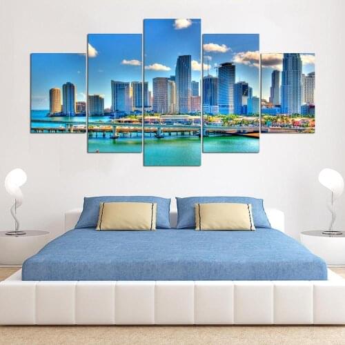 HD Printed Decor Living Room Wall 5 Pieces Miami Florida City Downtown Scenery Painting Art Poster Frame Modular Canvas Pictures