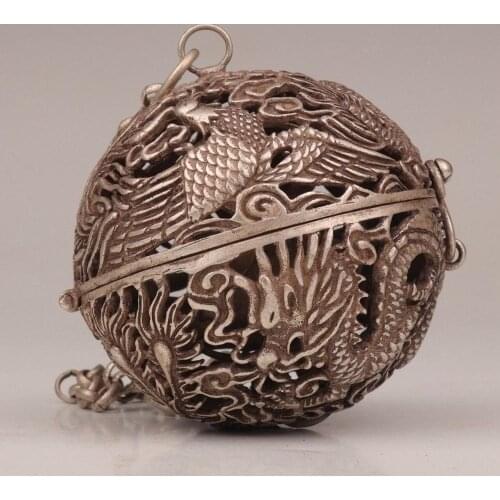 Antique Home Tibet Silver Pendant Ball Incense Burner Hollow Dragon And Phoenix