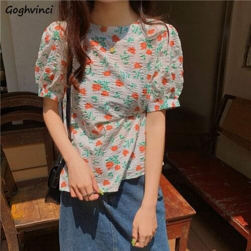 Floral Blouses Women Tops Puff-sleeve Summer Thin Retro Korean All-match Classic Blusas De Mujer 2021 Temperament Harajuku Soft
