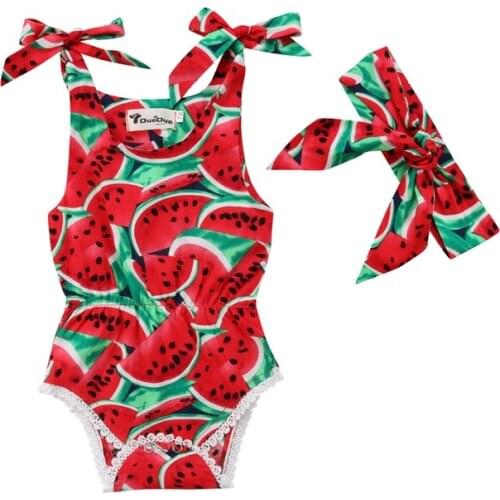 Newborn Toddler Baby Girls Watermelon Sleeveless Bodysuit Jumpsuit Headband Clothes Casual Summer