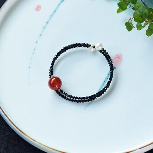 Austrian Crystal Black Spinel Bracelet Simple and Fresh Double Circle South Red Pearl Wild Bracelet Female Model Girlfriend Gift